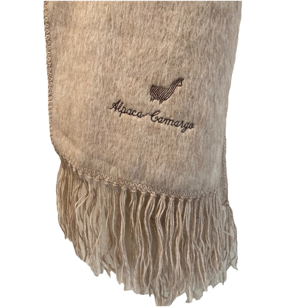 Alpaca Camargo Scarf Peru Embroidered Logo Tan Beige Ultra Soft Fringe